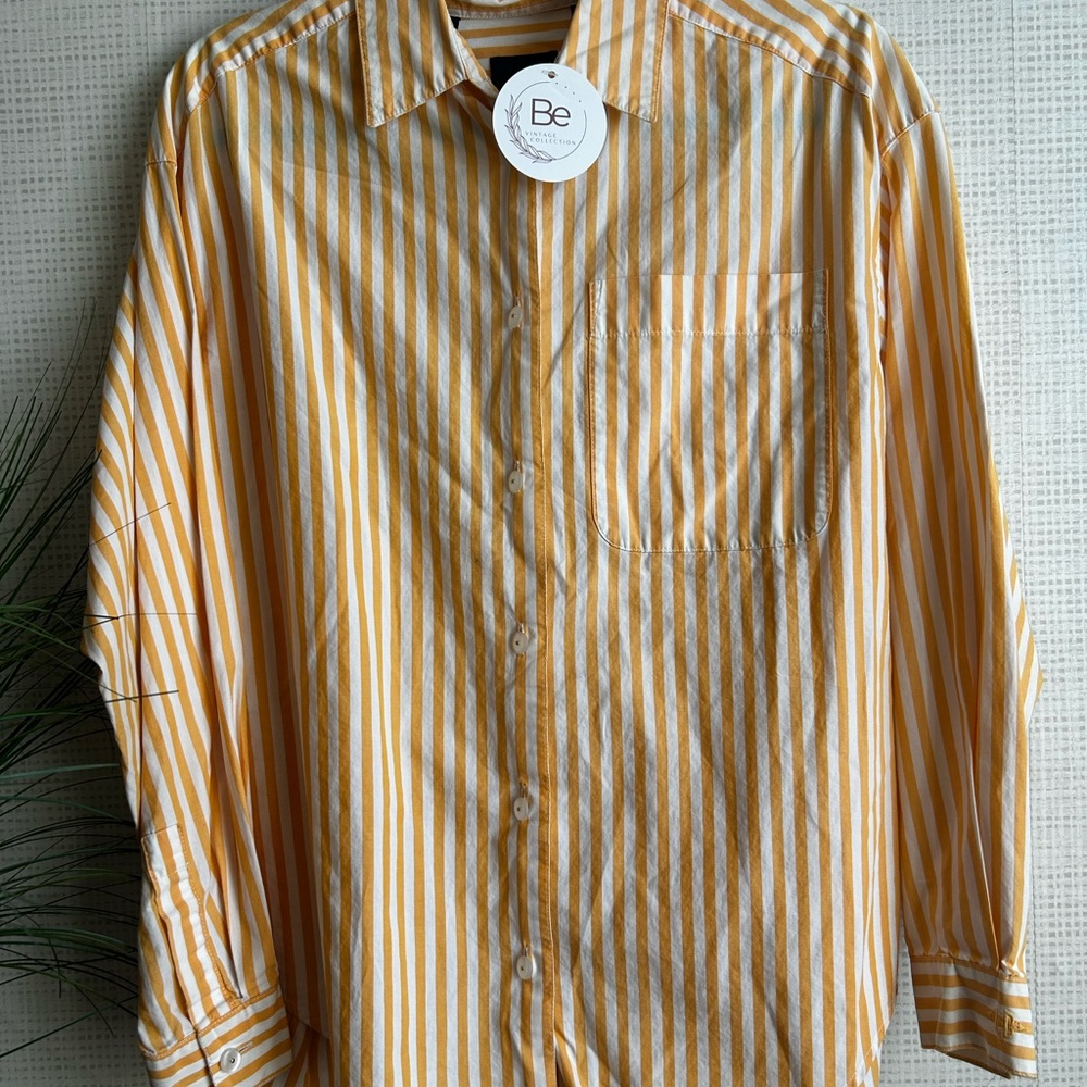 Yellow and White Striped Women's Button Down Shirt